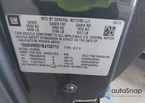 2011 GMC Acadia Sl z USA, uszkodzony, nr VIN 1GKKVNED1BJ192713